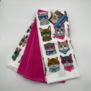 3PK Humane Society Cotton Bamboo Rayon Reverse Terry  Kitchen Towels Cats Faces